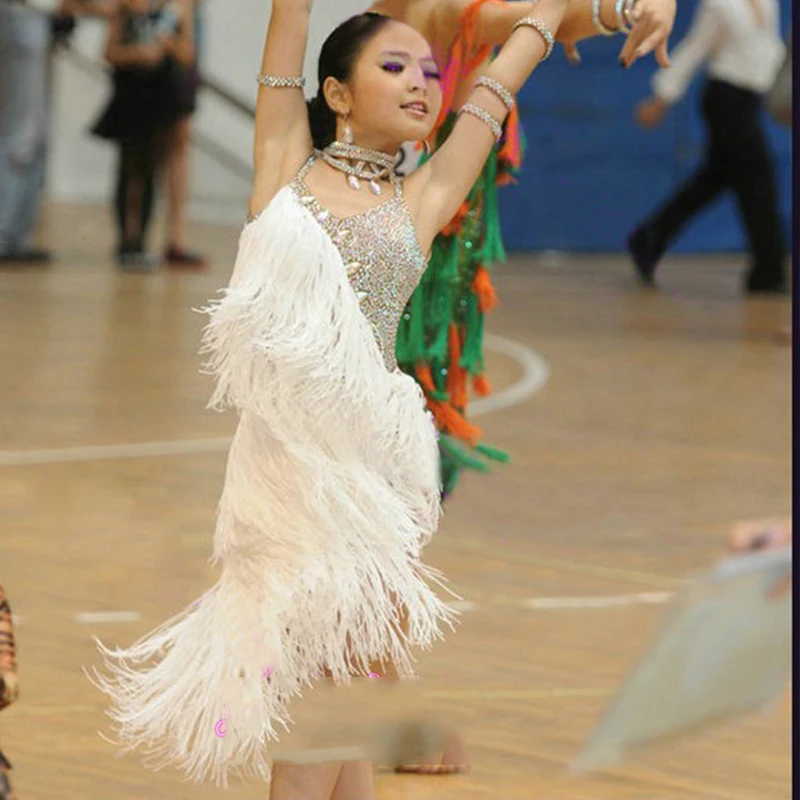 

Latin Dance Dress Kids Dresses For Girls White Tassels Fringe Cha Cha Flamengo Tango Salsa Dress Competitive Dance Dress BL03