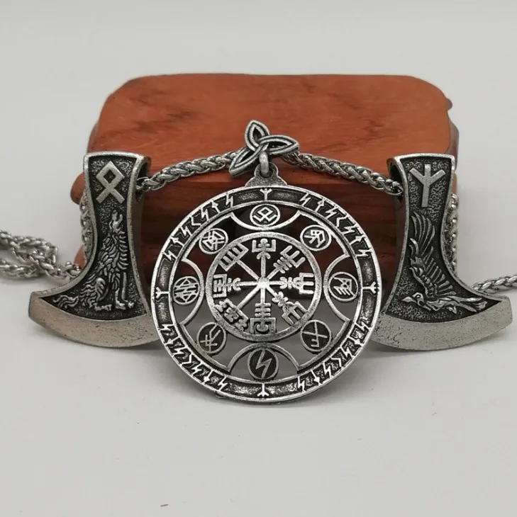 Античное серебряное ожерелье Vegvisir компас Ворон Вольф подвеска в виде топора Руна