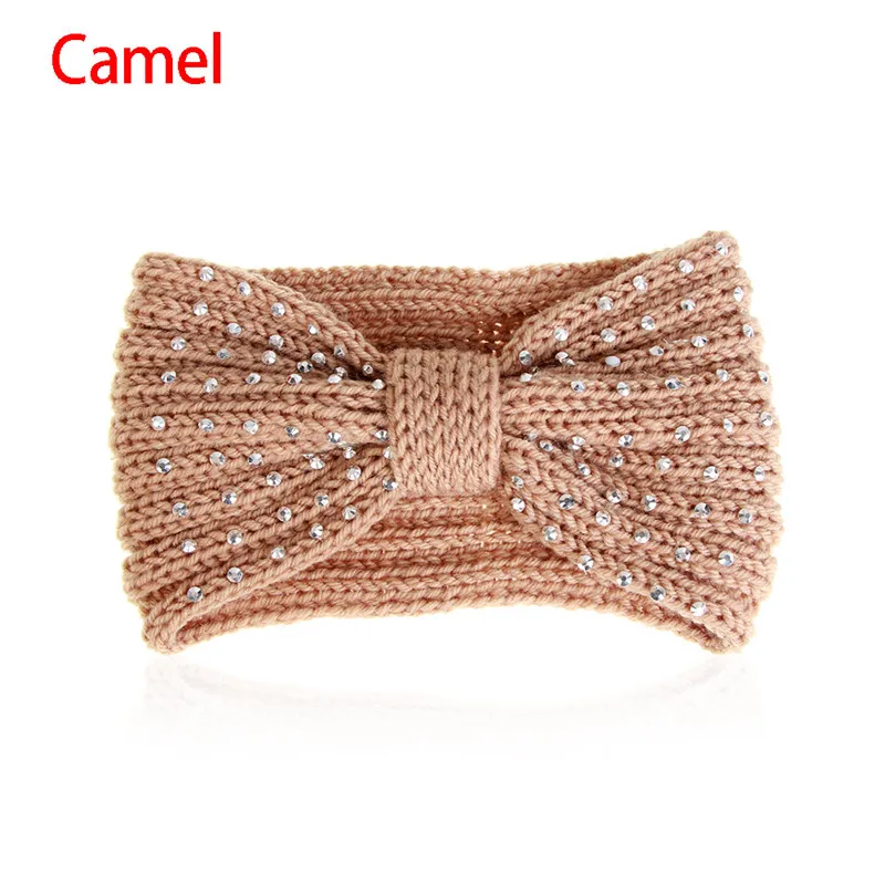 camel 1 шт. зимние теплые уши крючком вязанная повязка бант Стразы головные уборы с бисером для женщин девочек Тюрбан повязка на голову обруч аксессуары для волос - Цвет: camel