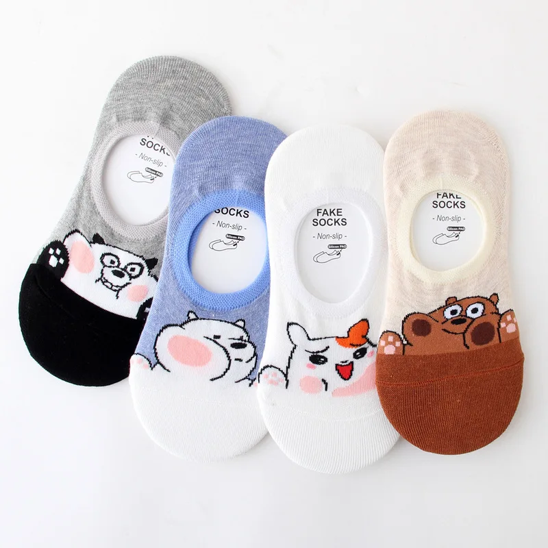 Милый женский в Корейском стиле, короткие носки, Kawaii, кошки и собаки, медведь, Мультяшные животные, невидимые нескользящие носки-башмачки для девочек