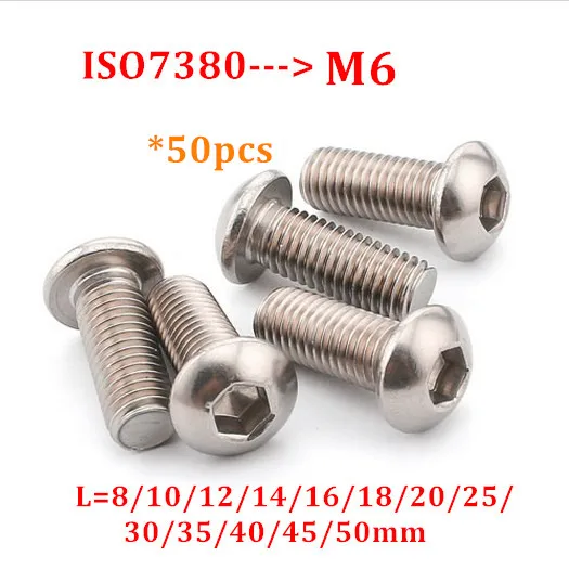 Винт с шестигранной головкой из нержавеющей стали 304 50 шт. ISO7380 M6 A2 шестигранный