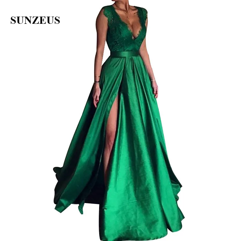 

Emerald Green Evening Dresses A-line V Neck Lace Bodice Long Satin Formal Gowns Elegant Women Split Side Party Dress