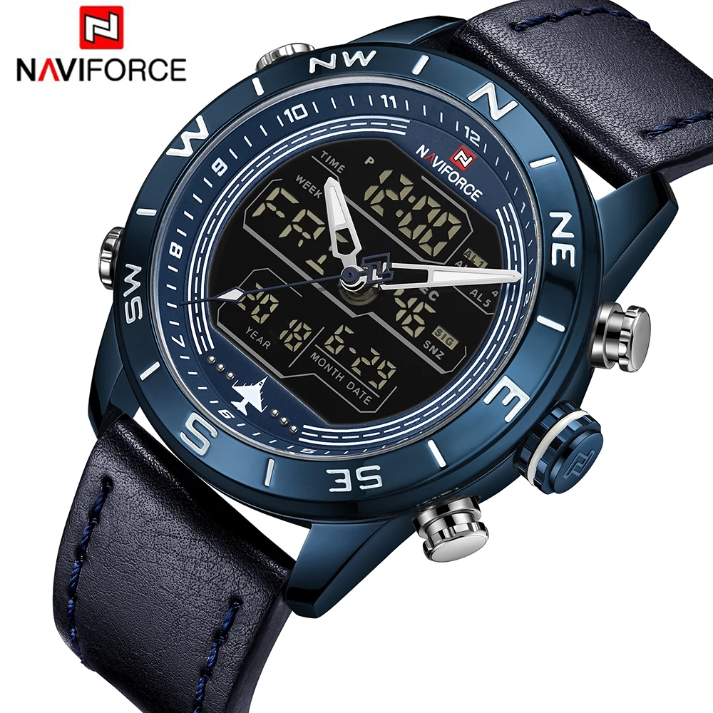 

Часы NAVIFORCE мужские наручные кварцевые, Брендовые спортивные водонепроницаемые, с кожаным ремешком, 3 бар, синие, 2018