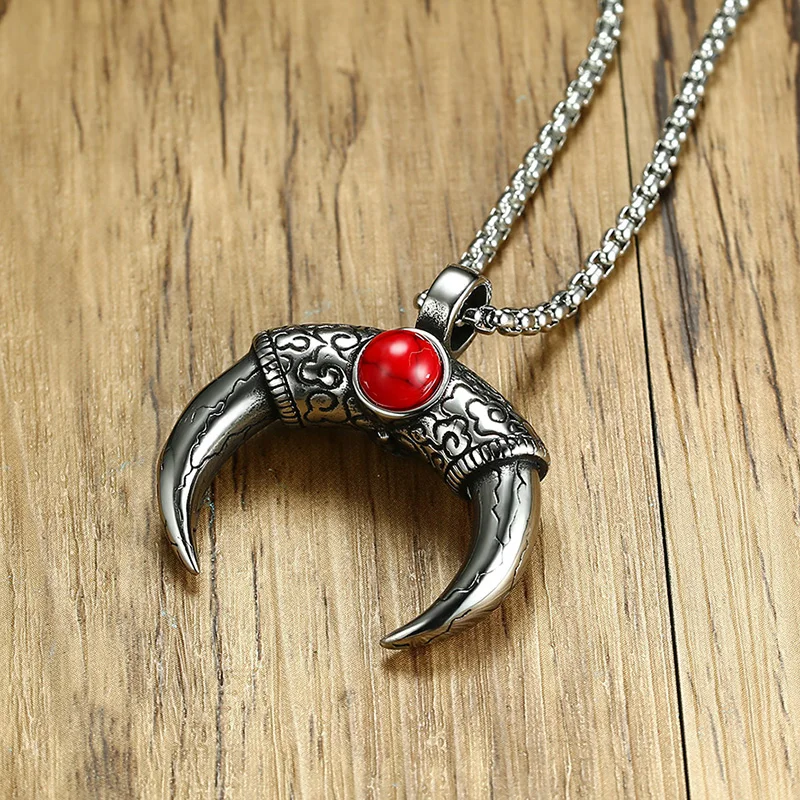 BIG J.W Double Side Natural Stone Pendant Necklace For Men Silver Golor OX Horn Shaped Stainless Steel Male Jewelry | Украшения и
