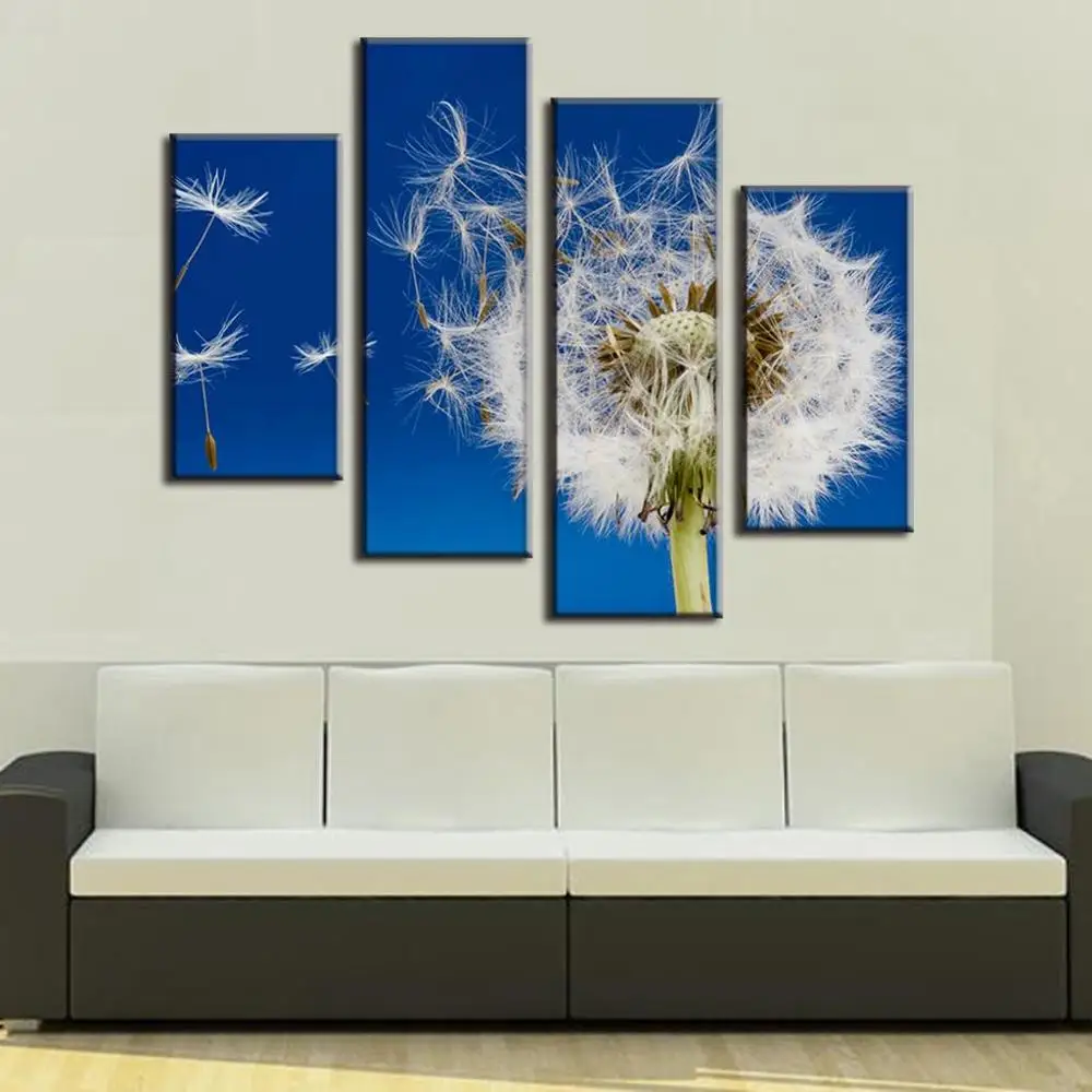 

4 Pcs/Set Combined Flower Large Canvas Painting The Dandelion In Blue HD Print Picture Modern Home Room Decor Poster Unframed