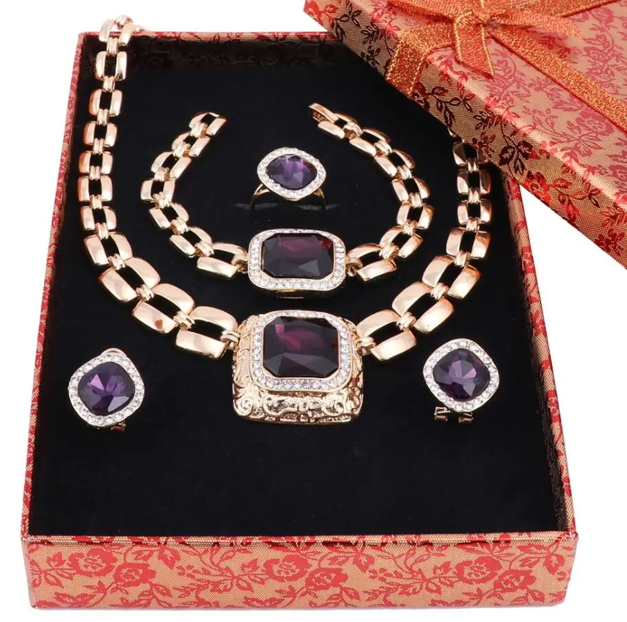 Purple Add Box Африканские бусы, ювелирные наборы для женщин, аксессуары для платья, золотой цвет, кристалл, свадебное ожерелье, серьги, браслет, кольцо, наборы - Окраска металла: Purple Add Box