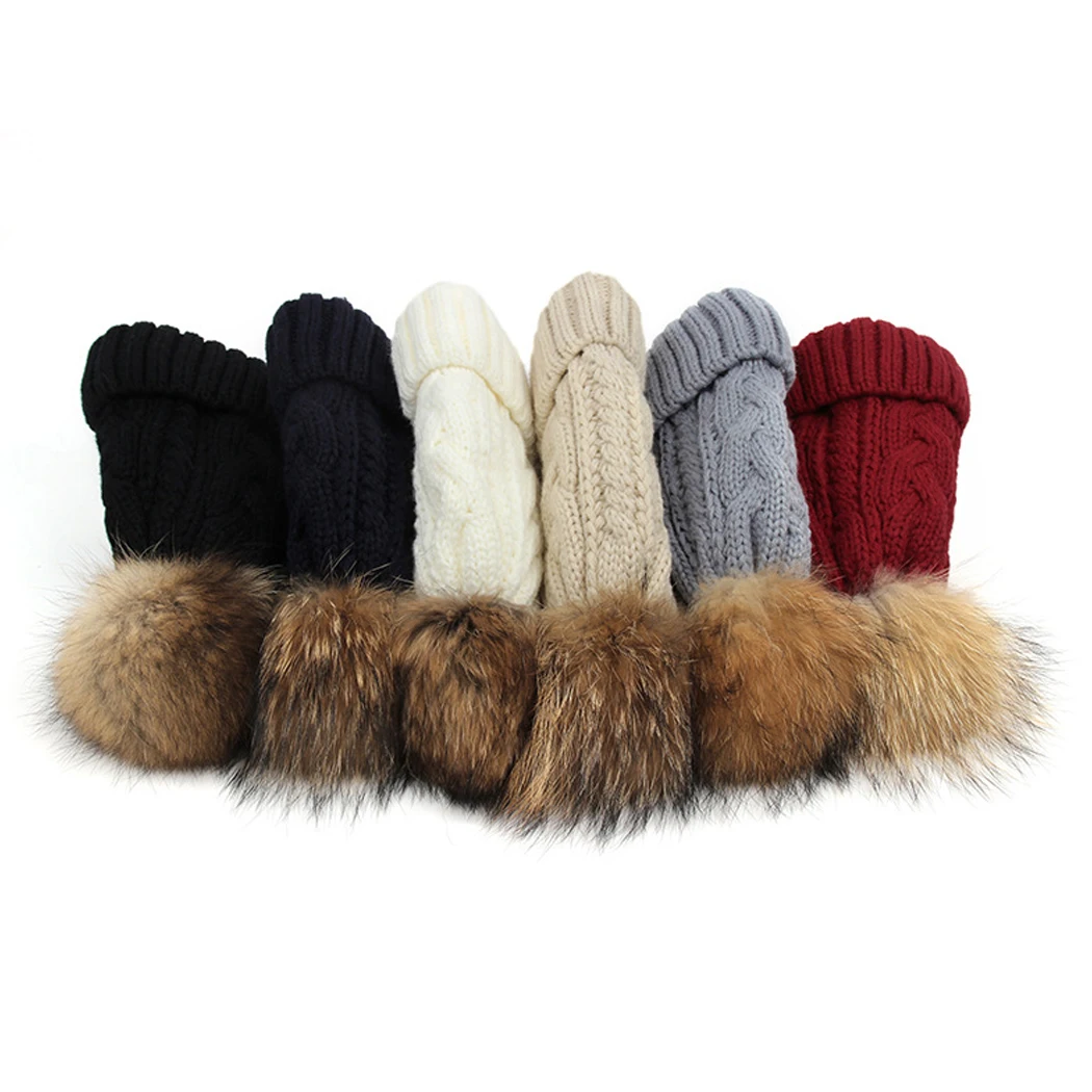 Женская шапка в стиле хип-хоп мяч из натурального меха енота помпоны вязаная