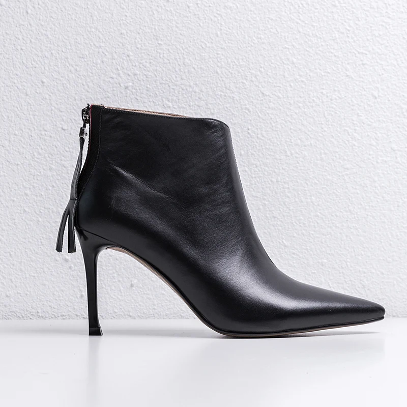 Women Genuine Leather Ankle Boots zipper fringe Sexy Pointed Toe Party Wedding Shoes Woman Ladies Basic Boots Pumps - Цвет: Черный
