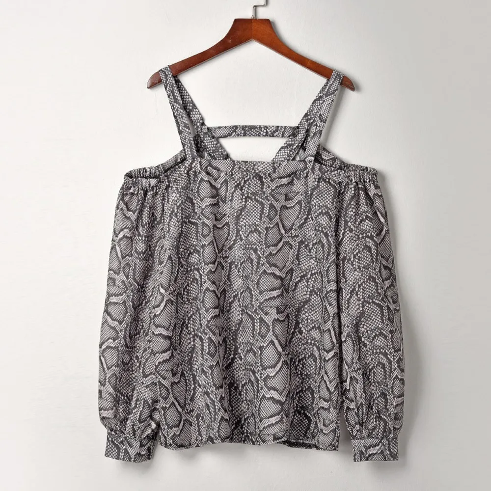 Женская рубашка, модная, со змеиным принтом, с открытыми плечами, Roupa Feminina, Женский Свободный Топ с длинным рукавом, Blusas Mujer De Moda, женская футболка