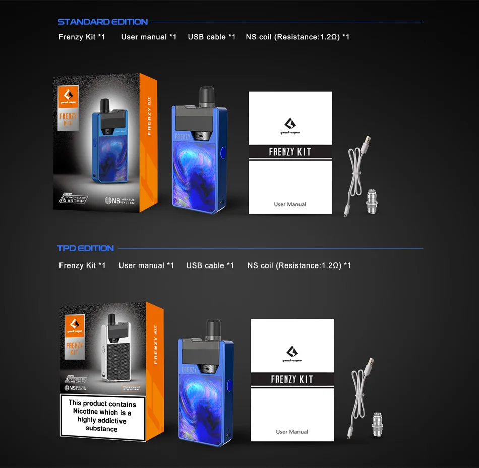 Катушка NS! комплект GeekVape Frenzy Pod с встроенным аккумулятором 950mAh и микрочипсетом E-cig Vape Kit VS Drag 2/Shogun