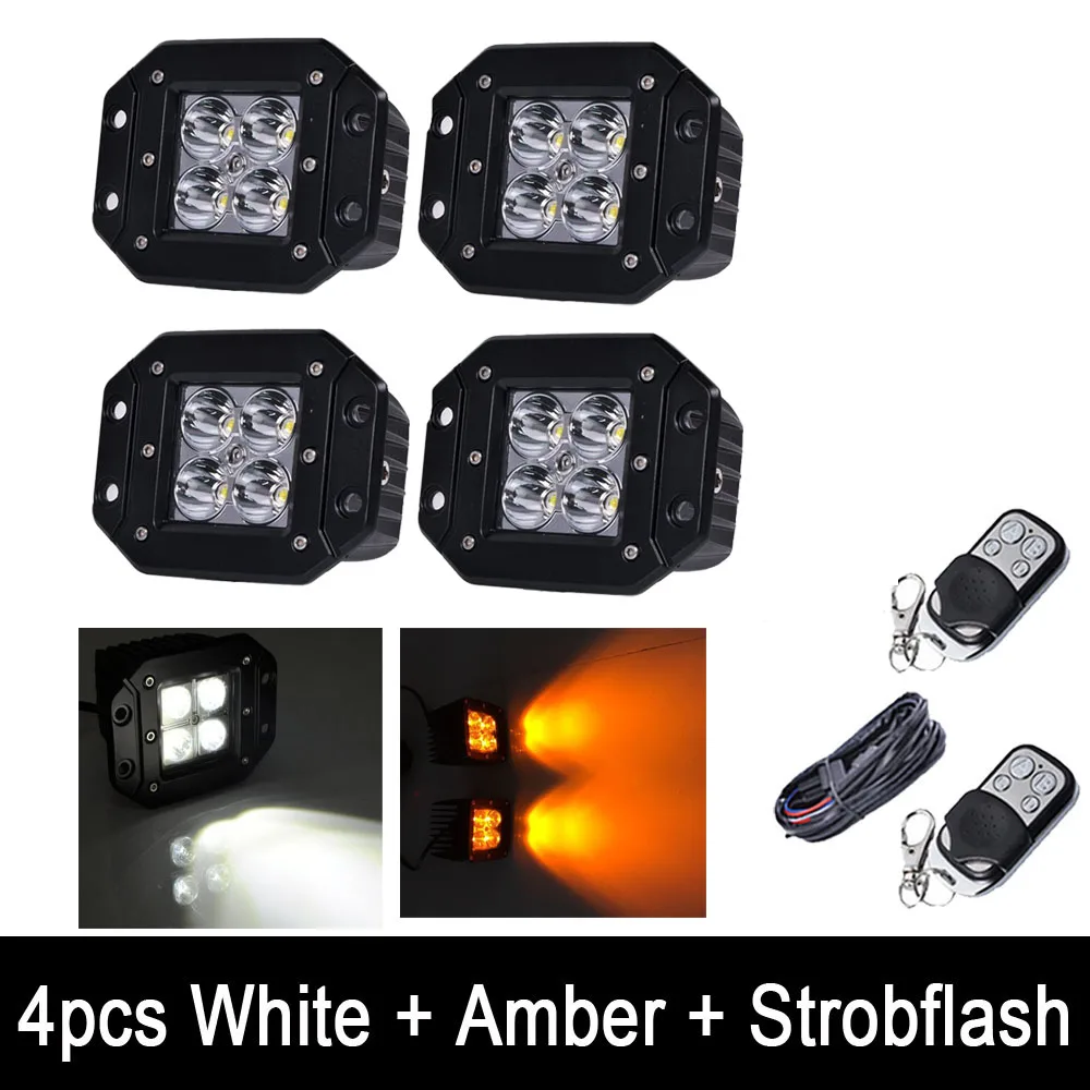 

4pcs 5" LED Work Light Bar Flush Mount Pods Offroad Spot Flood Beam White /Amber Color Strobeflash w/ Remote & Wiring kits