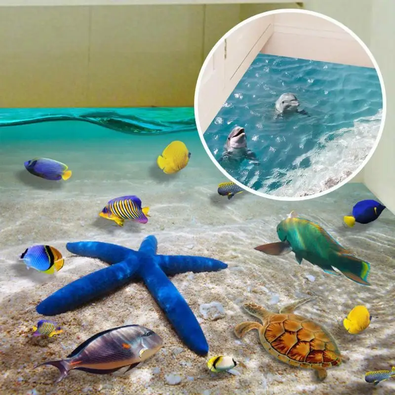 60*90 см милые 3D Дельфин этаже Стикеры s Водонепроницаемый Ванная комната Морская