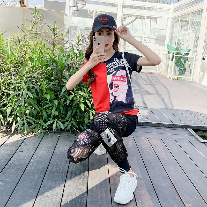 Мода Harajuku Для женщин комплект Лоскутная футболка с короткими рукавами + брюки в