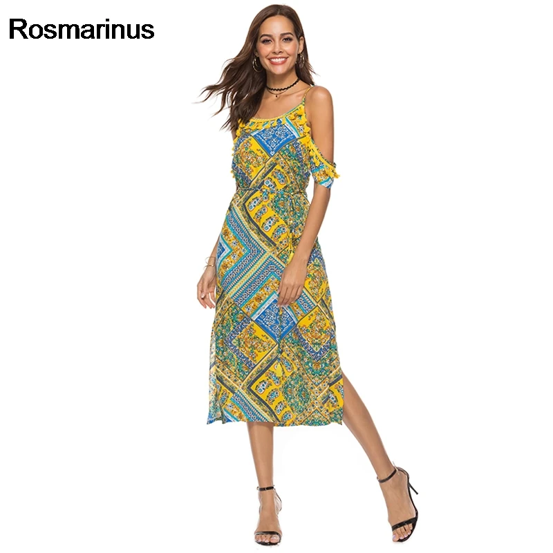 Rosmarinus Boho пляжное платье желтого цвета с ретро принтом винтажное богемное Платье