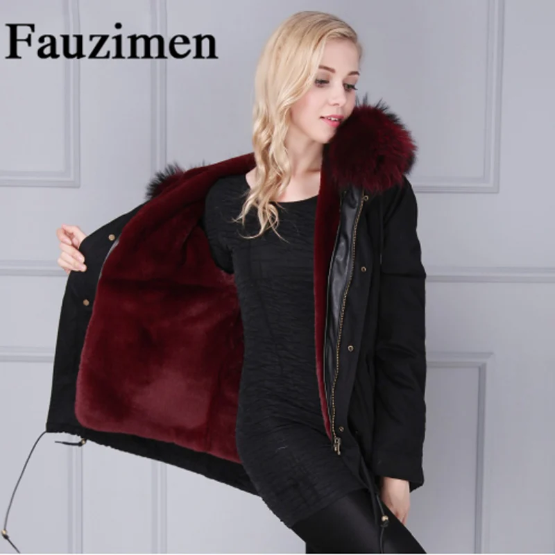 

Winter Jacket dark red Parka Real Fur Collar Winter Coats Faux Fur Lined Hooded Plus Size korean jacket Outerwear Parkas