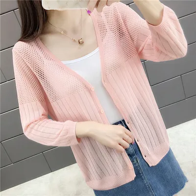 Fashion 2019 New spring and summer V-collar hollow thin bright light silk iced hemp knitted women's cardigan |