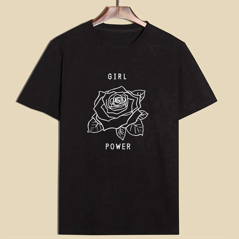 Новая мода Улица "GIRL POWER" Письмо Печатные Роза короткий рукав Футболка с