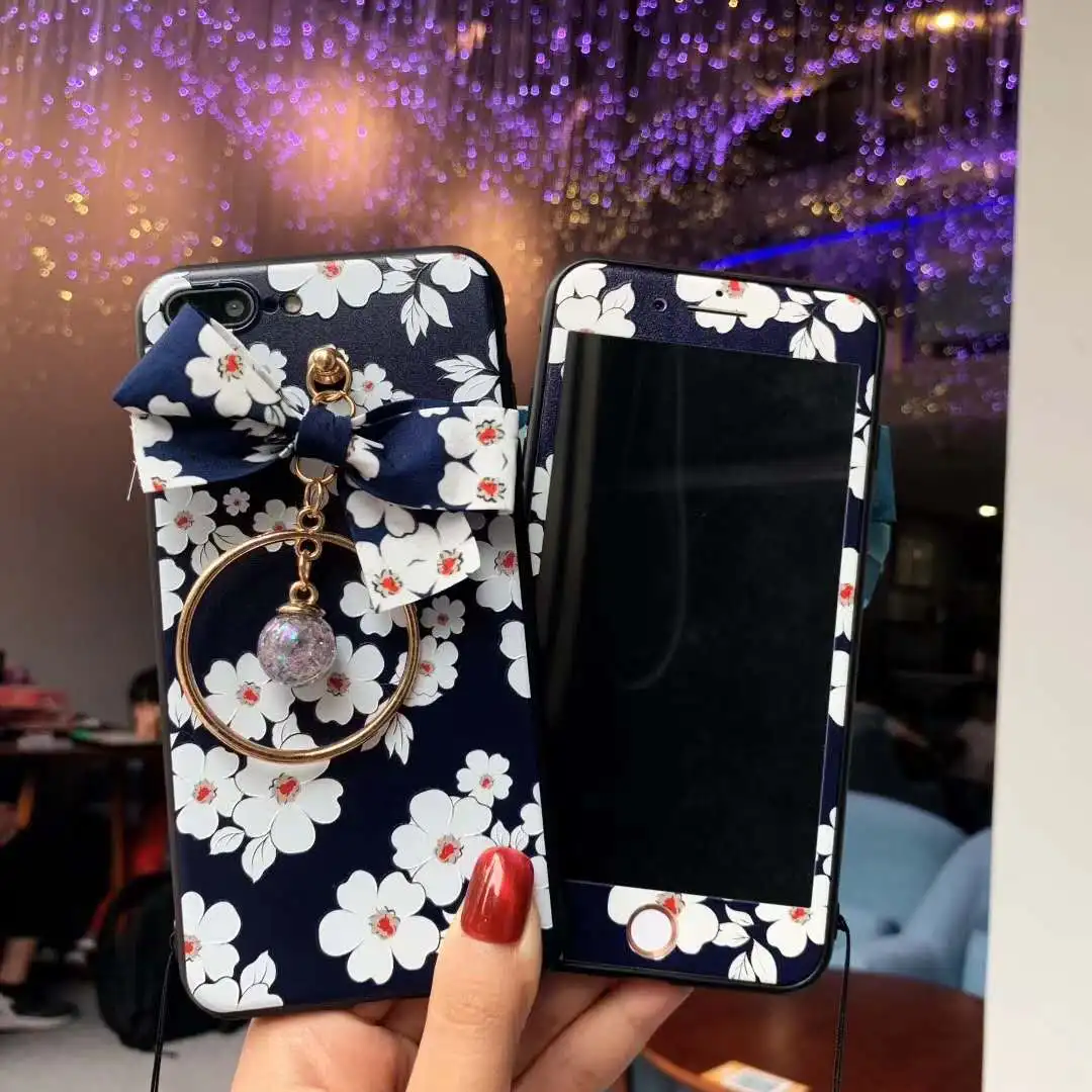 Для iPhone XS Max 3D цветок задняя крышка+ пленка для экрана из закаленного стекла для iPhone X XR 7 8 6s Plus чехол бант Подвеска+ ремни
