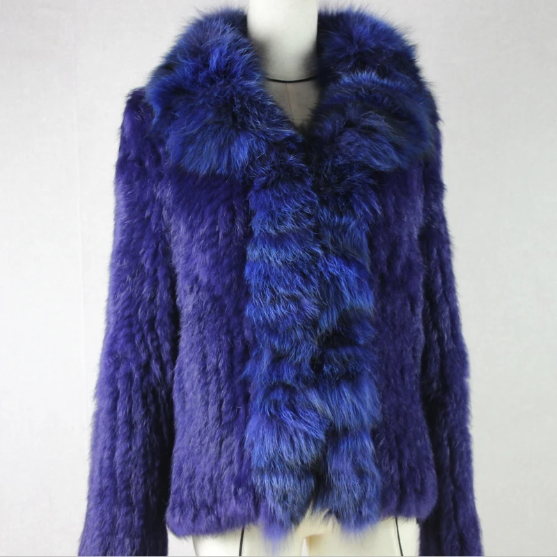 Knitted real rabbit fur coat overcoat jacket with fox fur collar Russian women winter thick warm genuine fur coat C17