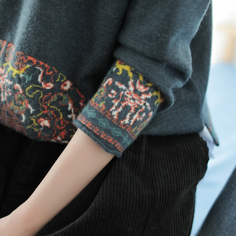 Spring Autumn Retro Women Loose Knitting Tops New O-Neck Long-sleeved Print Blended Casual Ladies Sweater 2019 | Женская одежда