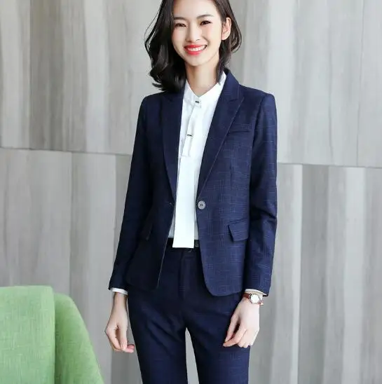 

2018 Plaid Purple Women's Fashion suit pants Elegant V neck Collar Business office Ladies work Wear Slim Skirt suit Plus size