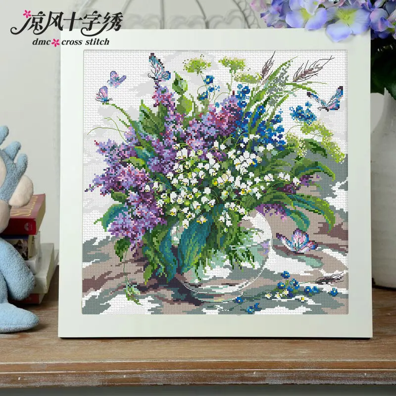 

Lavender vase of lavender cross stitch kit DMC brand thread animal dog count canvas fabric embroidery handmade needlework
