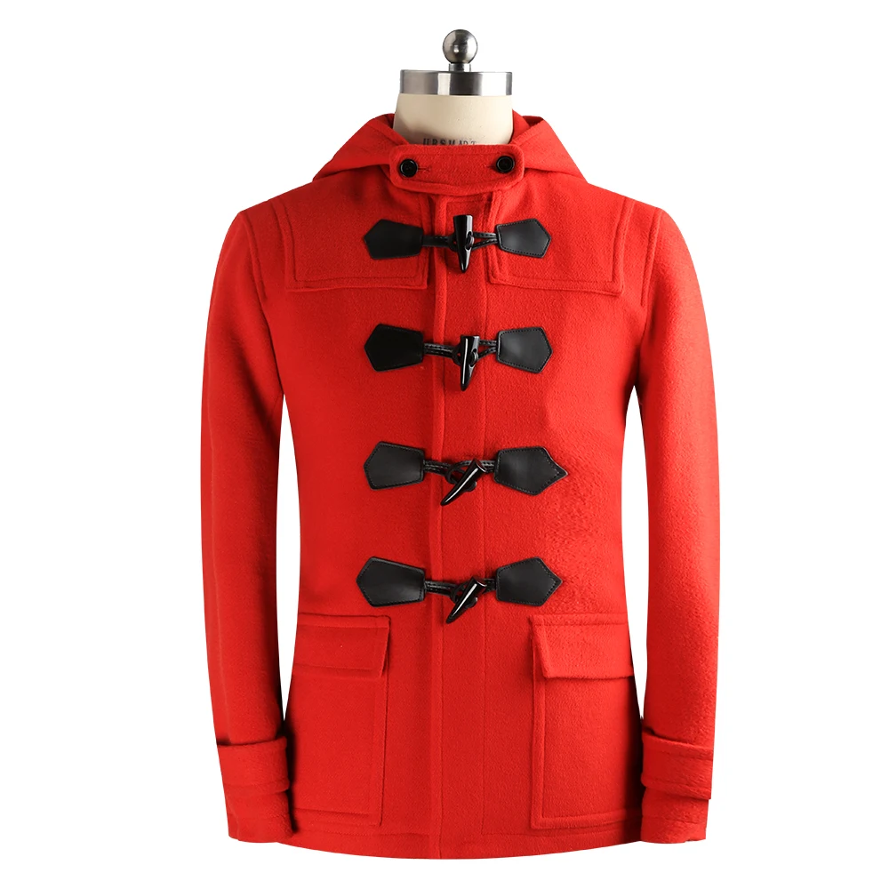 

URSMART Youth red hooded coat men's short croissant button fashionable men's coat genuine men's coat coat