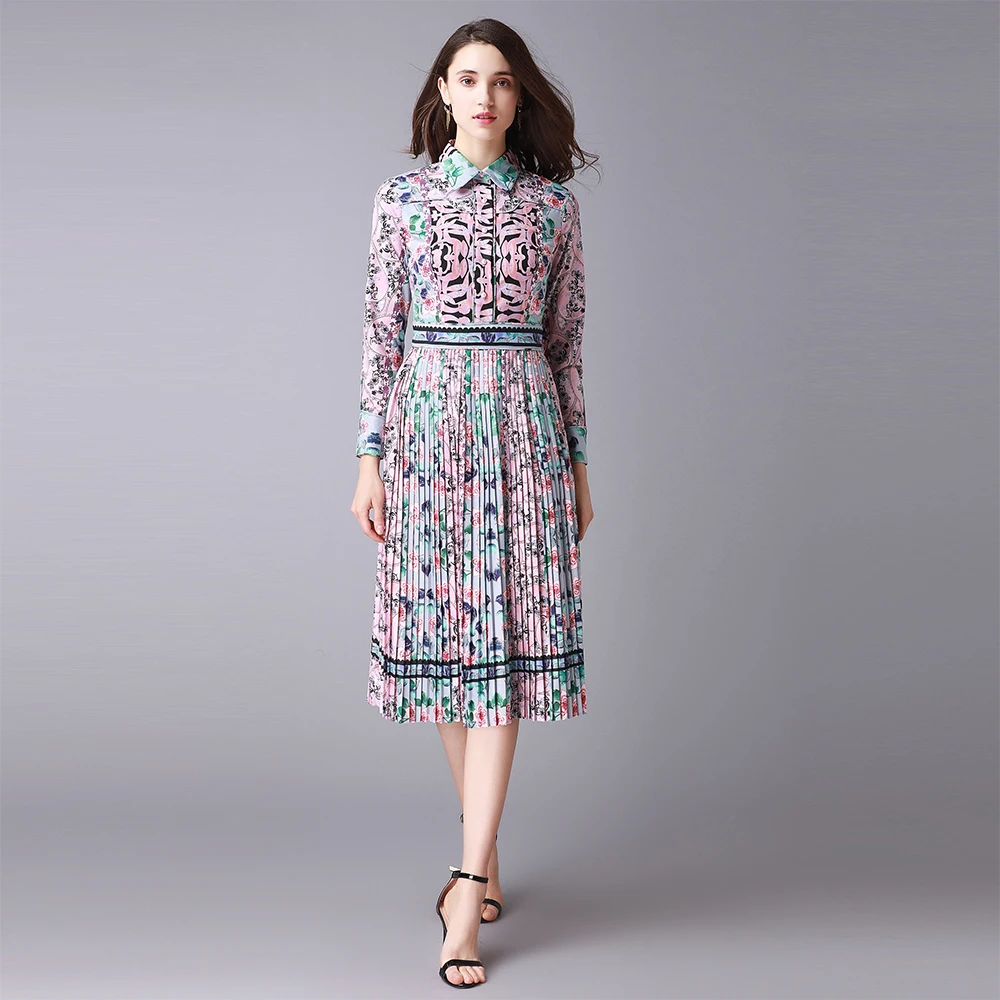 2018 New Fashion Pretty Print Pleated Dress High Quality Spring Turn-down Collar Knee-Length Slim Elegant Female | Женская одежда