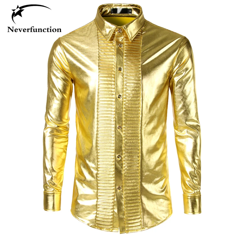 

2018 Men Autumn Slim Long Sleeve Shirt Fashion Men Party Night Club stage performances Coated Pleated Chemise Homme Clothing