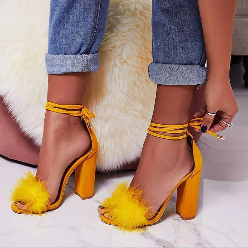 Perixir Women Shoes Thick High Heels Ankle Strap Rabbit's Hair Dress Black Red Woman Summer Sandals 2020 Size 35-41 | Обувь