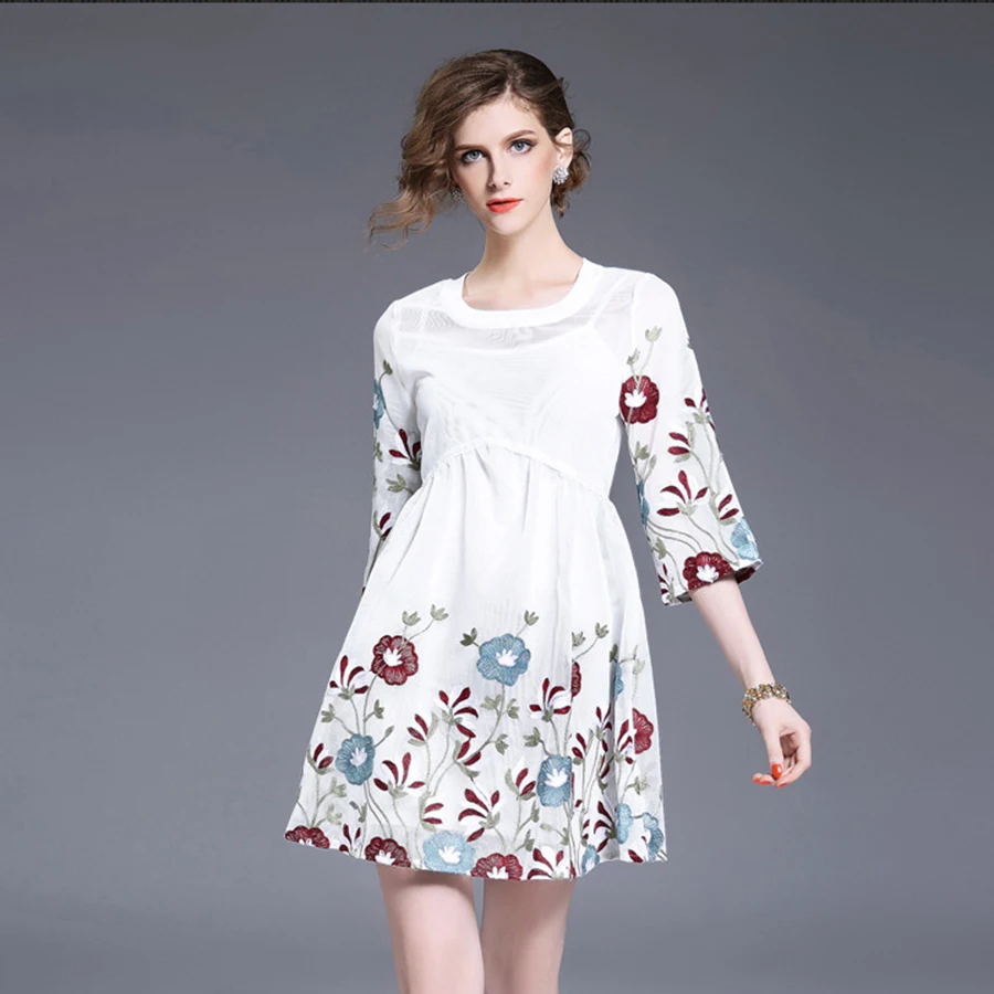 Фея Мини платья Летняя мода Половина рукава сетчатые 2017 белые цветы Вышивка