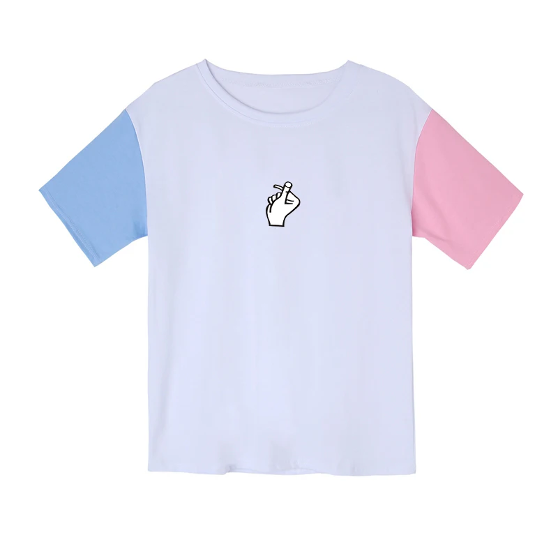 Summer Women's T Shirts Kpop Cotton Funny Harajuku Mutlicolor Spliced Love Guesture Printed Clothes Tee Shirt Femme Vintage Tops | Женская