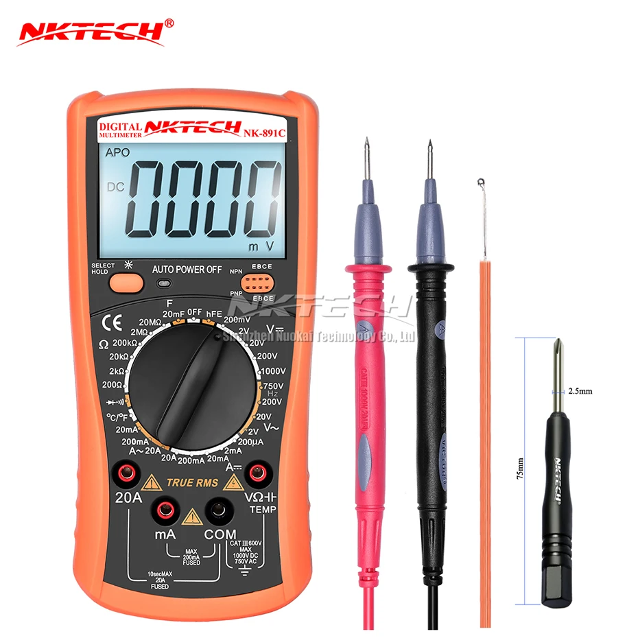 

NKTECH Digital Multimeter NK-891C True RMS AC DC Voltage Current 20mF Capacitance Resistance Temperature Diode Transistor Test