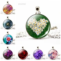daisy rose sakura art necklace glass cabochon jewelry simple style flowers pendant charm women fashion handcrafted gifts