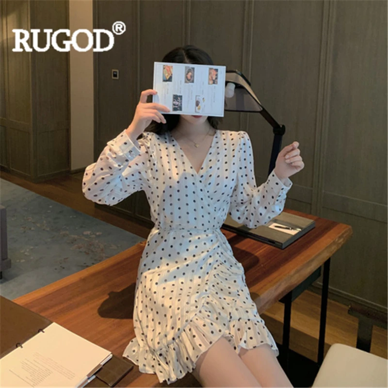 Женское шифоновое платье RUGOD элегантное мини-платье в горошек с v-образным