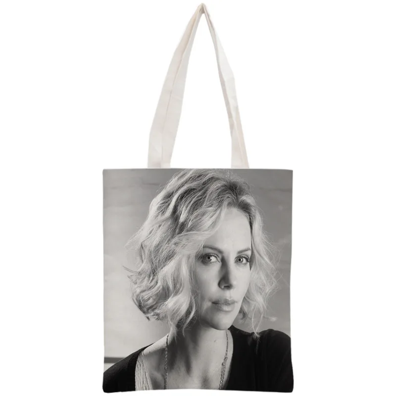 

Custom Charlize Theron Tote Bag Reusable Handbag Shopping Bags Two Sides Women Shoulder Cloth Pouch Foldable Cotton Canvas