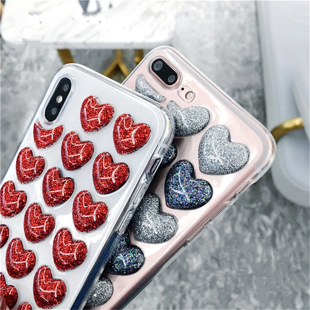 3D Блеск порошок Love Hearts мягкие кремния ТПУ прозрачный чехол телефона чехлы для iPhone