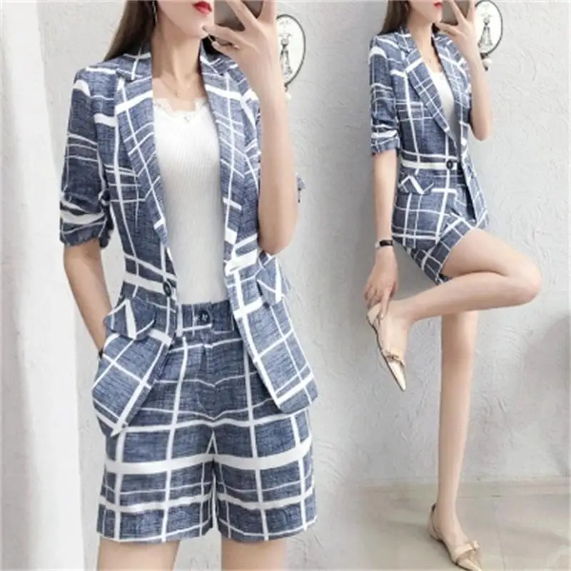 

Suit shorts suit female New High quality personality summer Slim thin Plaid suit jacket + shorts two sets women