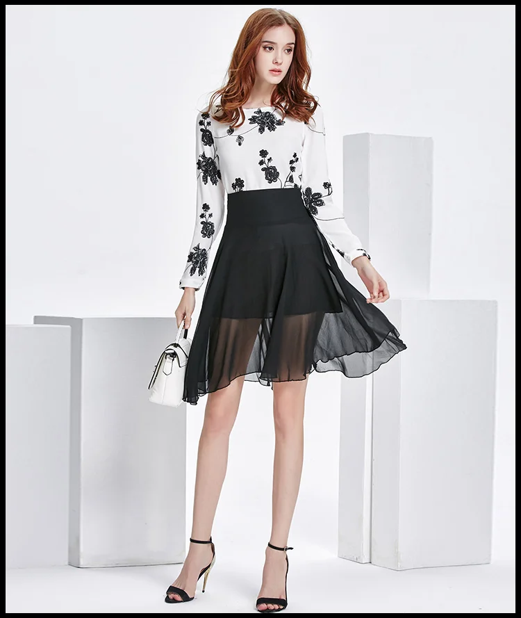 2018 летние модные дизайнерские новые женские черный матч белые цветы шифоновое