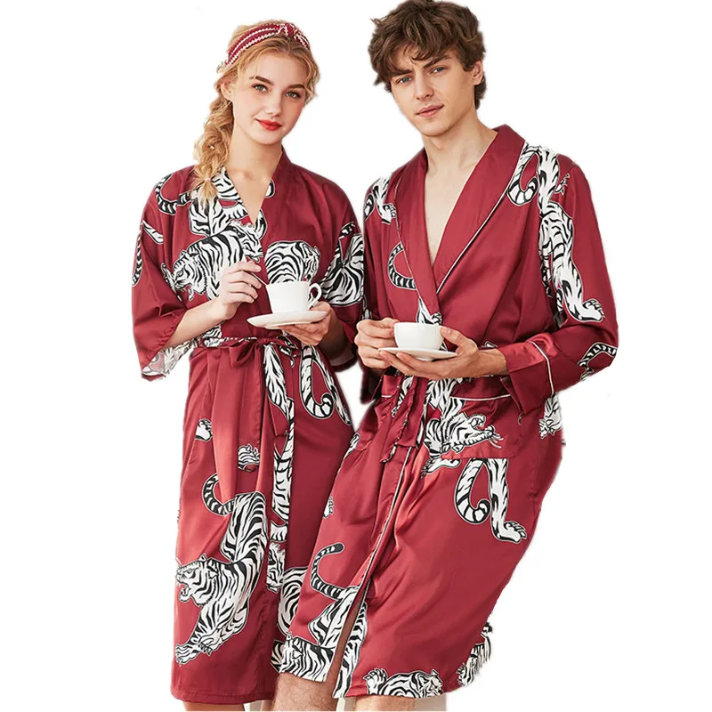 

Satin Silk Robe For Women and Men Couple Kimono Printed Tiger Bathrobe Sleepwear Bride Wedding Long Bath Robes Nightgown