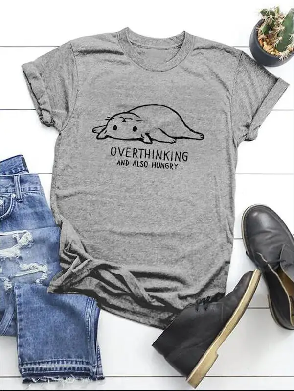 Overthinking - gray Летняя футболка с надписью «Not Today» и надписью «Not Today», «Grunge», винтажные топы с надписью «Cat», хлопковая Футболка для девочек, футболки с принтом «love Cat» - Цвет: Overthinking - gray