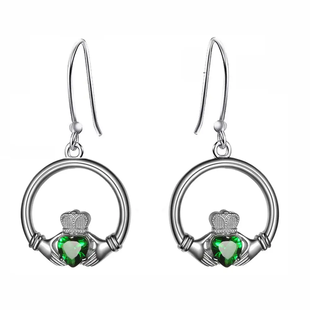 Rhodium 925 пробы серебро Изумруд CZ кубический цирконий ирландский Claddagh серьги для невесты для женщин матери день рождения рождественские подарки - Цвет камня: Rhodium