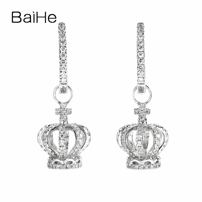 

BAIHE Real Solid 14K White Gold H/SI Natural Diamond Crown Stud Earrings Women Wedding Trendy Fine Jewelry Aretes de corona