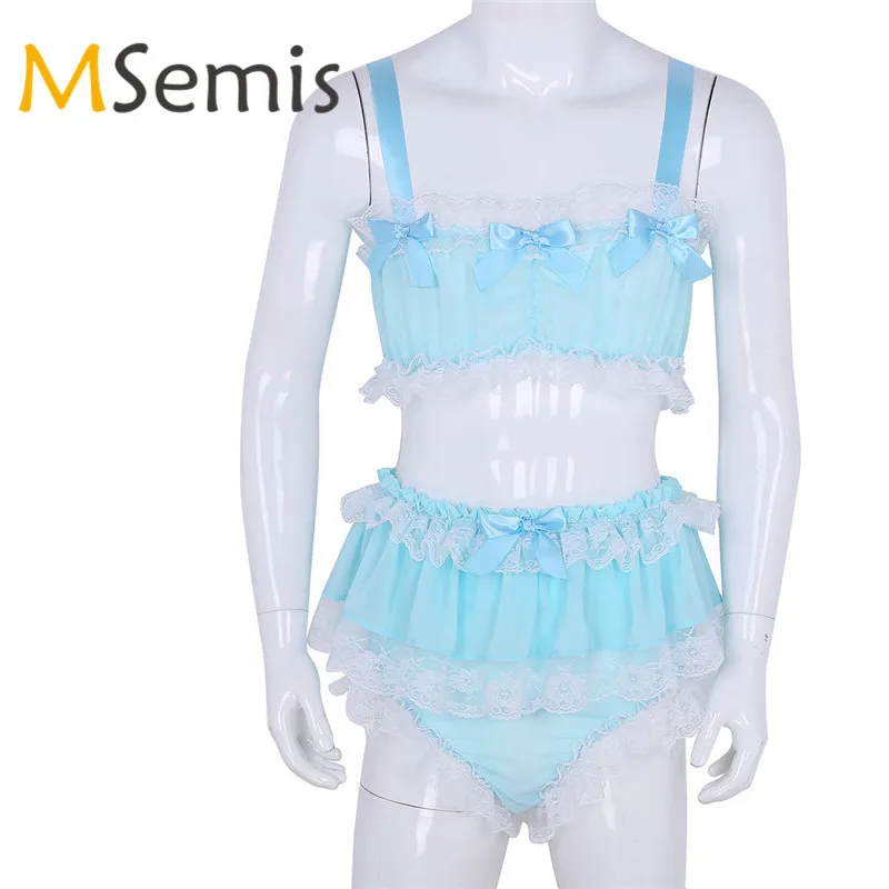 

2Pcs Mens Sissy Lingerie Set Ruffled Lace Sheer Sissy Panties Gay Underwear Sleeveless Crop Top with Skirted Petticoated Panties