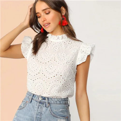 Белый Dotfashion, однотонный топ с воротником-стойкой, с рюшами, с вышивкой, с ушками, для женщин, лето, бохо, без рукавов, одежда для девушек, модные блузки - Цвет: Белый