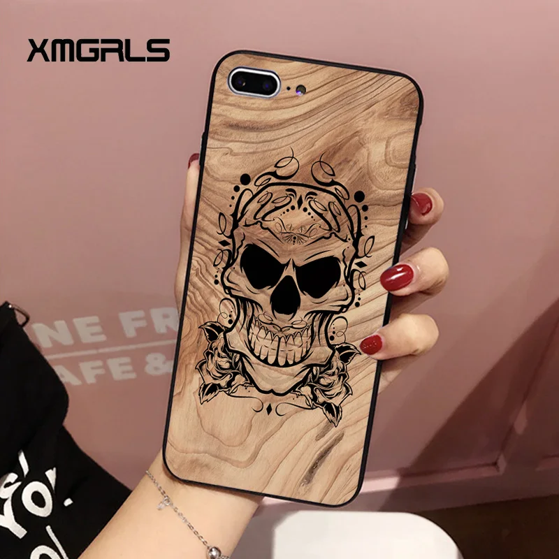 Xmgrls имитация дерева зерна череп для iPhone 7 случае узор Нескользящая PC матовый