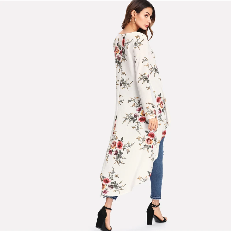 SHEIN Модный Асимметричный Топ С Цветочным Принтом Женские Летние Блузки С Цветочным Принтом С Длинным Рукавом Для Отдыха