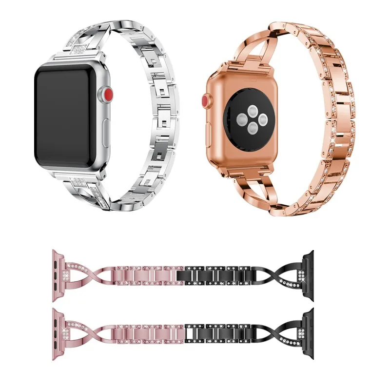 Браслет из нержавеющей стали с бриллиантами для Apple Watch band 4 40/44 мм Женский браслет