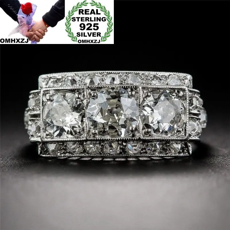 OMHXZJ Wholesale European Fashion Woman Man Party Wedding Gift Silver White Rectangle AAA Zircon 925 Sterling Silver Ring RR89