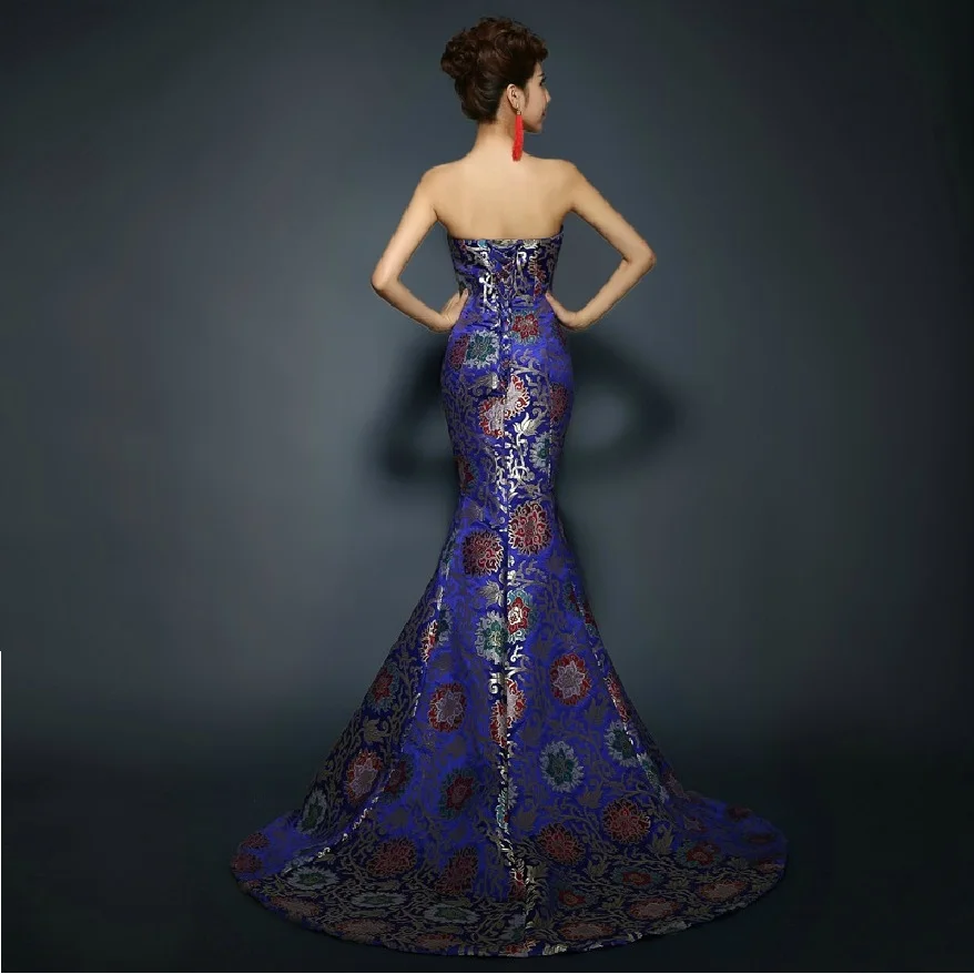 Женское вечернее платье Qipao королевское синее длинное без бретелек с открытой